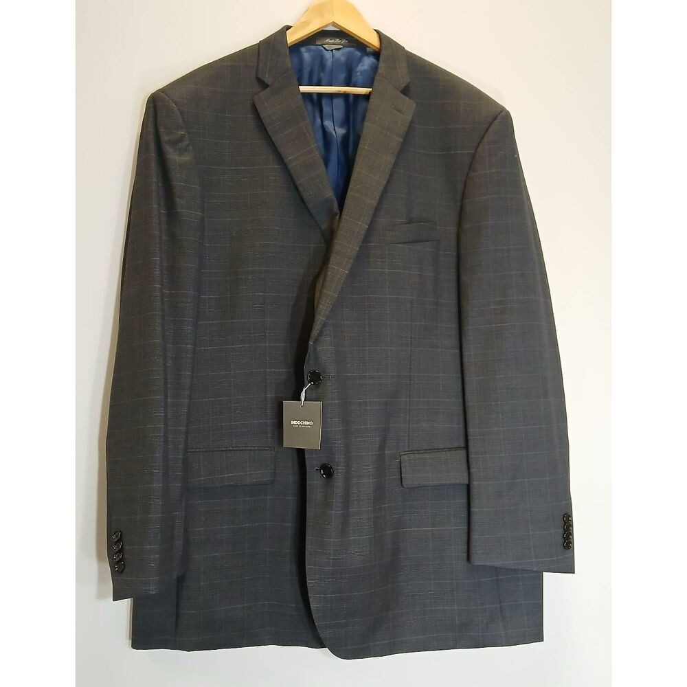 Indochino mens size 50 fine Virgin Wool blazer tartan plaid gray